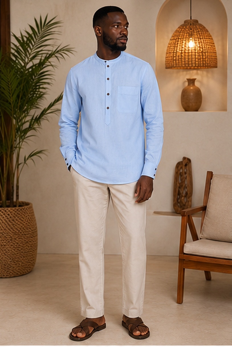 Chemise Bleu Clair — Manches longues, col mao