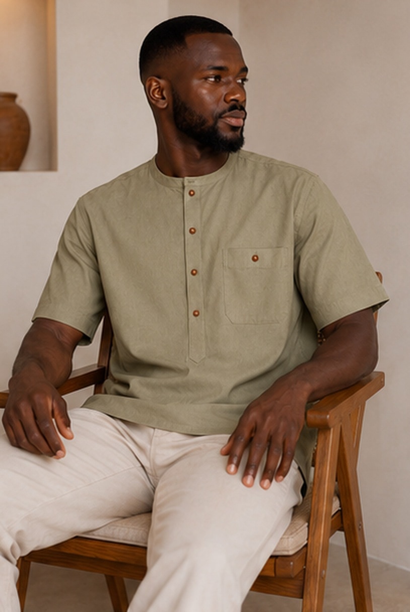 Chemise Kaki — Manches courtes, col mao