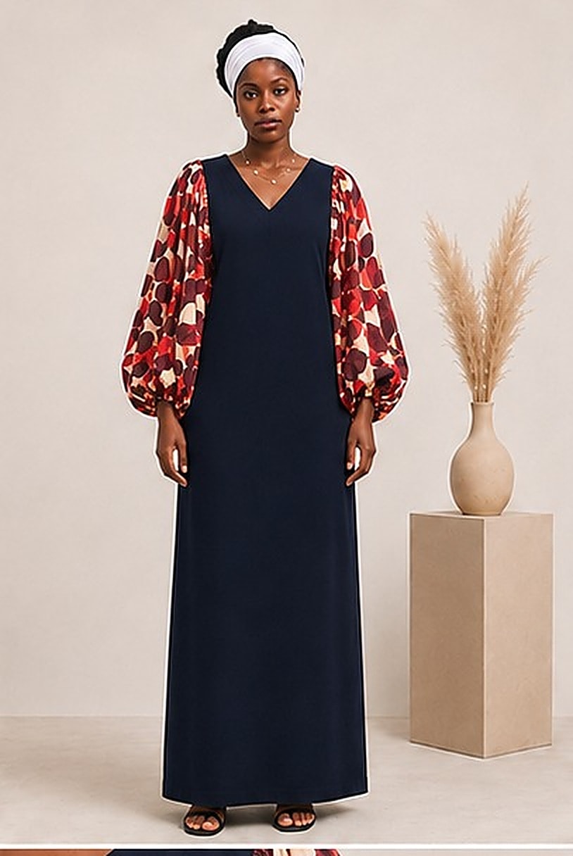 Robe Bleu Nuit — Manches bouffantes mosaïque grenat