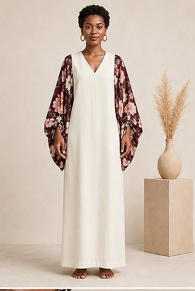 Robe Ivoire Fleurie — Manches bouffantes fleuries bordeaux