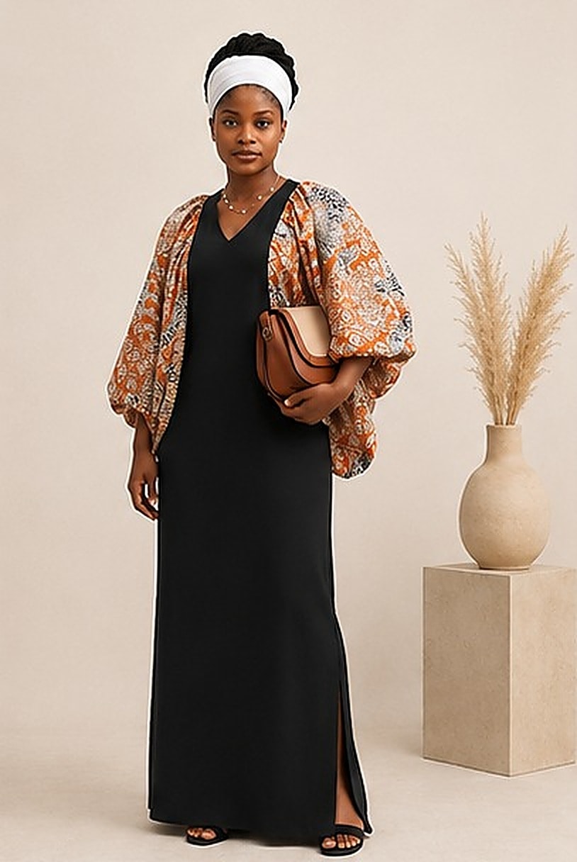 Robe Noire Imprimé Terracotta — Manches bouffantes batik terracotta