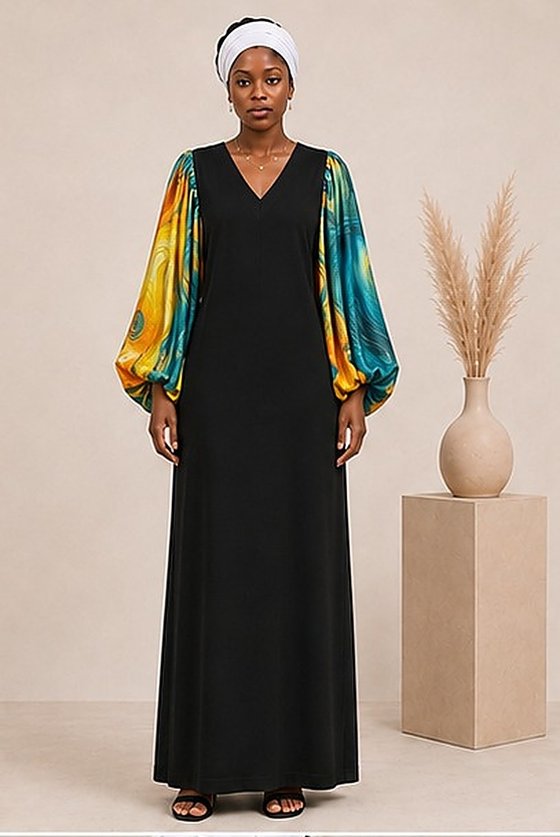 Robe Onyx Lagon — Manches bouffantes marbrées émeraude et ambre