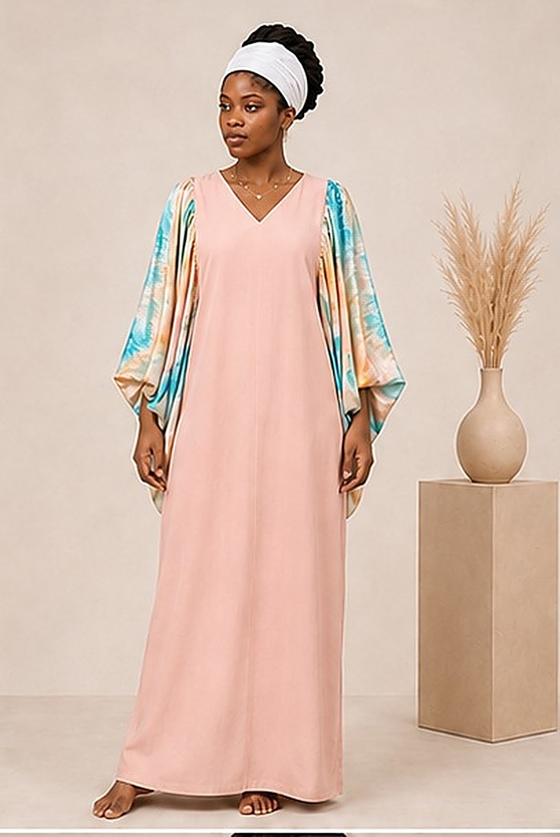 Robe Rose Pastel — Manches drapées tie & dye lagon