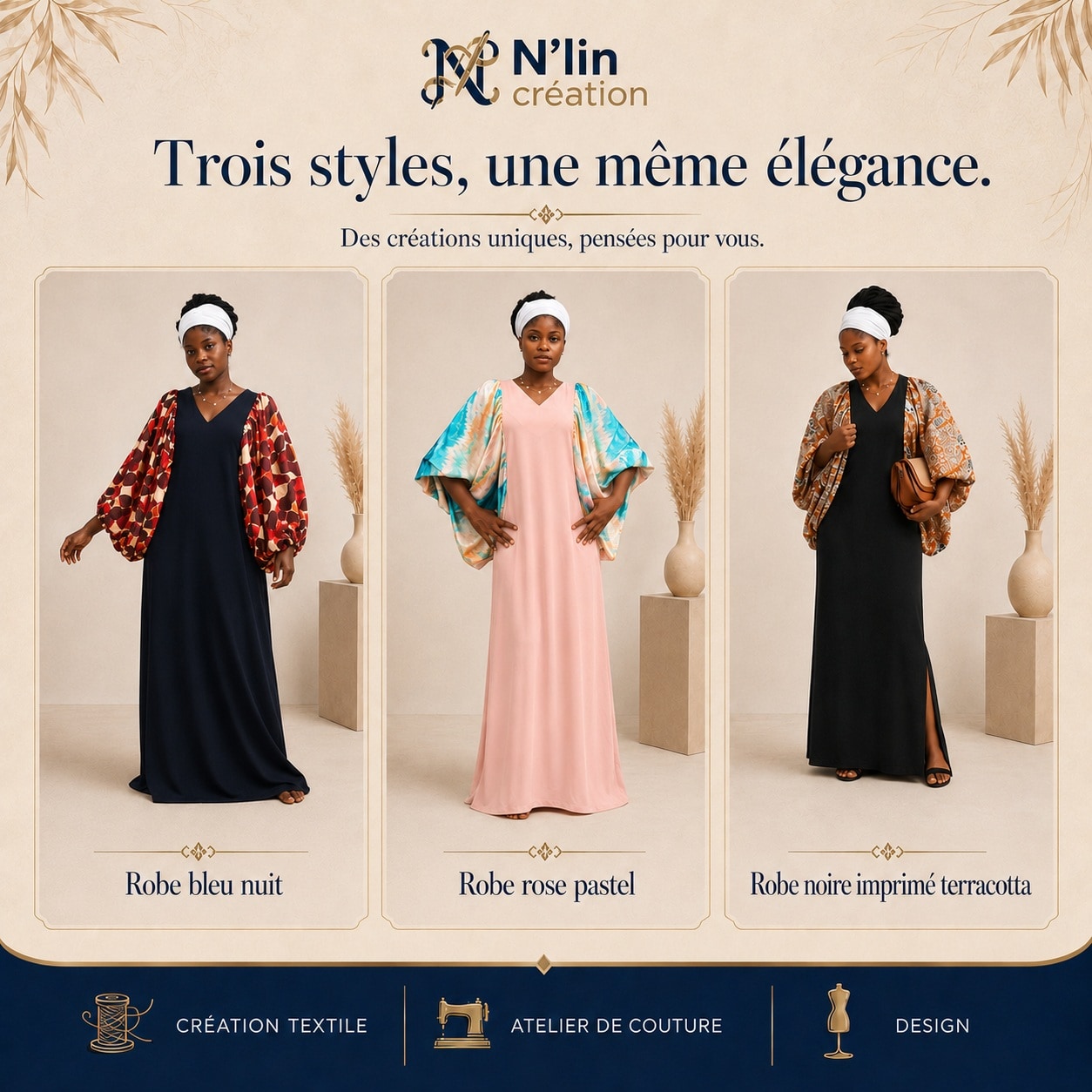 Campagne N'lin Création — Robe Bleu Nuit, Robe Rose Pastel et Robe Noire Imprimé Terracotta