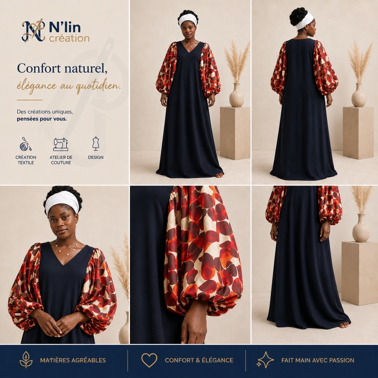 Détail de la Robe Bleu Nuit N'lin Création